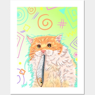 Cute cat with fish Posters and Art